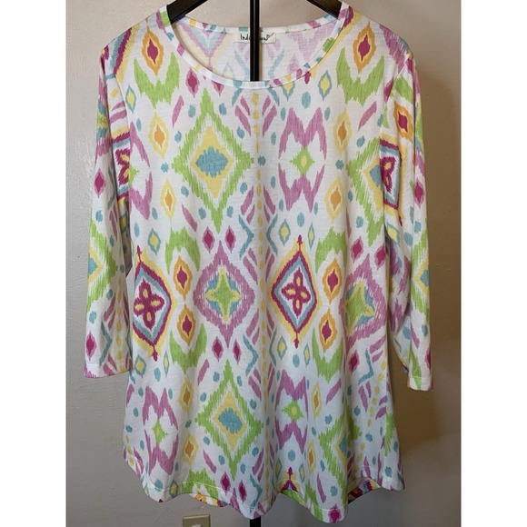 indigo soul Tops - Indigo Soul Women's Large Tunic Top 3/4 Sleeve Ikat Geometric Tribal Print Multi